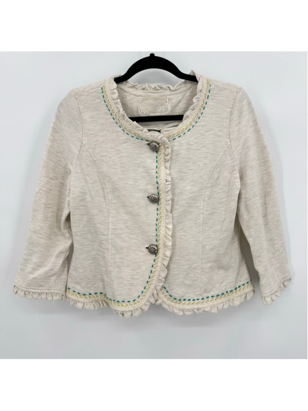 Nick & Mo Embroidered Ruffle Cropped Jacket Big Buttons Floral Cream Gray Cotton